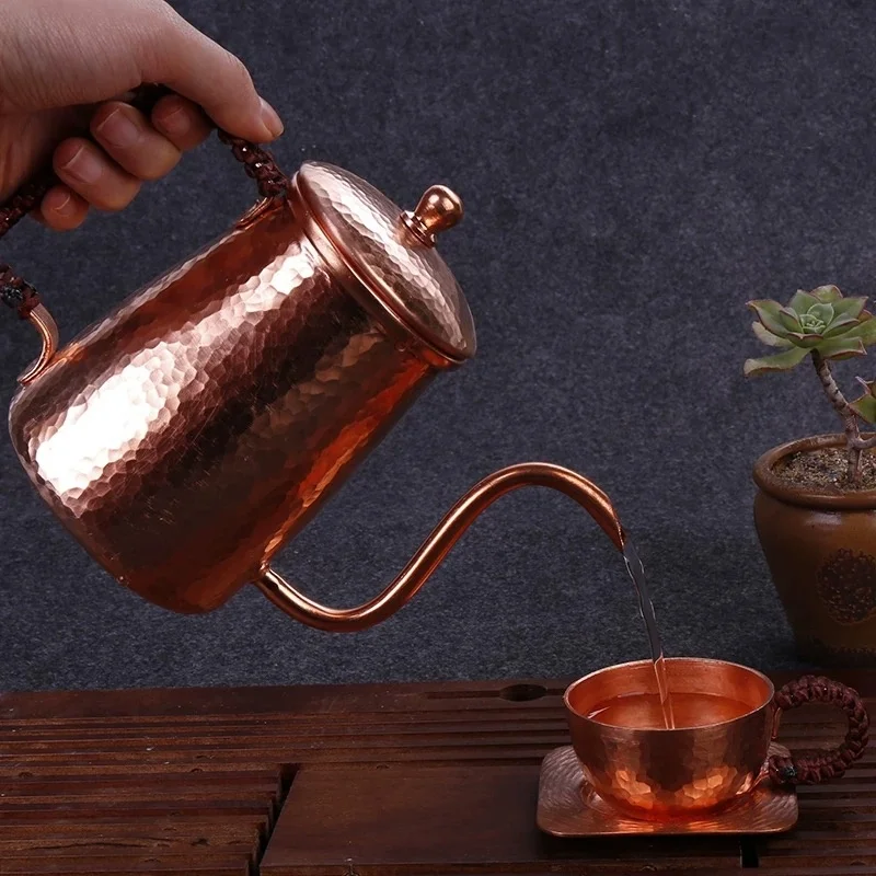 Vintage Pure Copper Coffee Pot,Hammer Texture Weave Portable 500 ml Heat Resistant Filter Kettle,Handcrafted Curved Spout Teapot