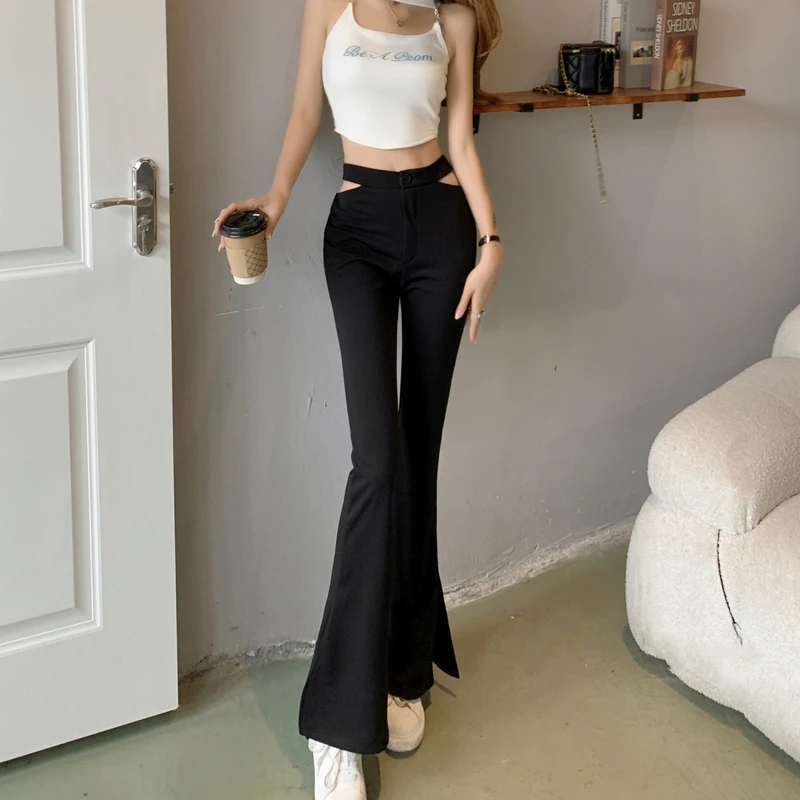 

2023 new European and American style casual split nine-length trousers Women's high-waisted elastic hollowed-out flared trousers