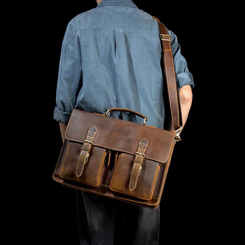 ZRCX Genuine Leathe Vintage Man Handbag Briefcase Men Shoulder Crazy Horse r Bags Brown Business Fashion 15.6 Inch Laptop Bag