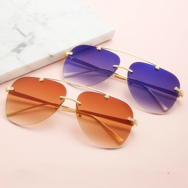 New European and American Fashion Street Shooting Metal Eyewears Double Beam Trimming Frameless Frog Mirror Gradient Sunglasses