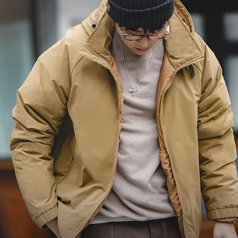 Maden Jaqueta masculina com capuz de penas inverno grossa tecido fosco brilhante parka casaco quente para fora versátil jaqueta preta para uso