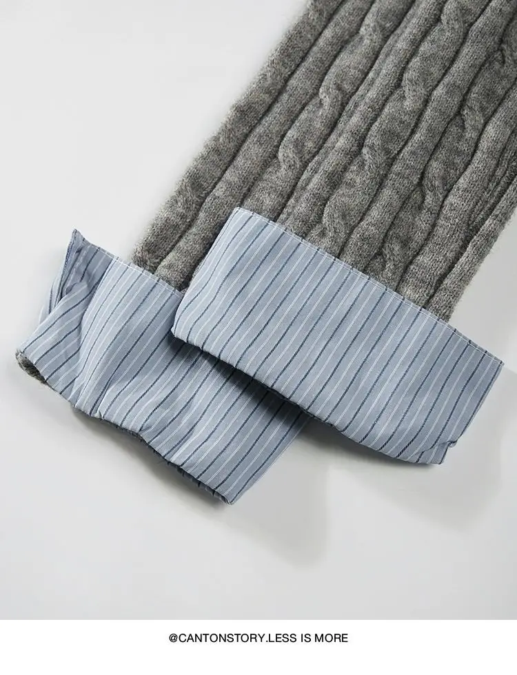 Grey Fake Two-Piece Spliced Polo Collar Long Sleeved Knitted Sweater for Women Autumn Winter College Style Short Outwear Top