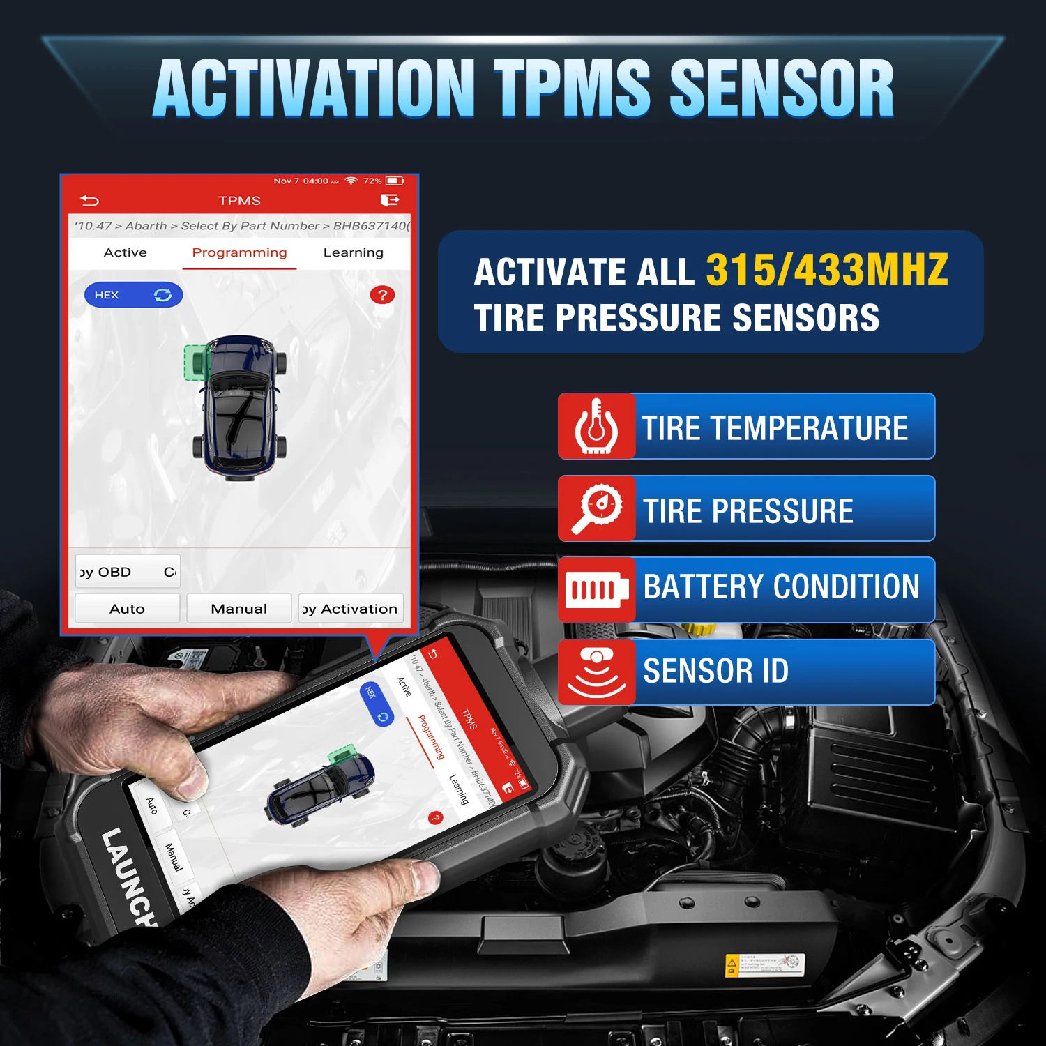 [2024 New]LAUNCH X431 Creader TPMS 5011 V2 Tire Pressure Programming Sensor Scanner Tool Supports All 315/433MHz with 12 Service