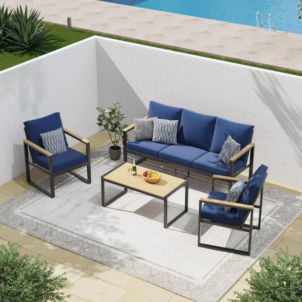 Outdoor 4-Piece Furniture Set, Modern Aluminium Terrace Conversation Sofa with Cushions, Faux Wood Grain Frame, Coffee Table