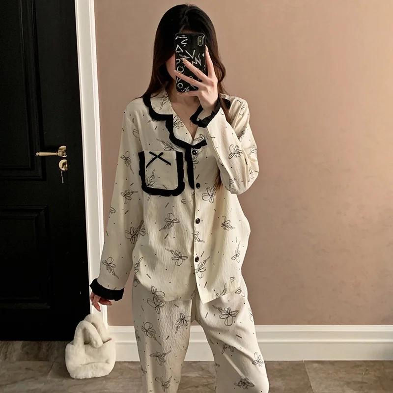 

Korean Style Sweet Knot Cloud Cotton Long Sleeve Sleepwear Women's Spring Autumn New Outwear Home Clothes Set