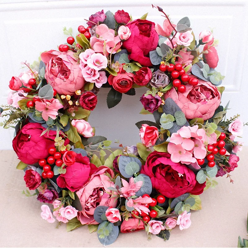 Decorative Door Wreath,Silk Flower Peony Flower Wreath 40cm Handmade Garland for Autumn Winter Outdoor Display Red