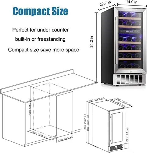 15" Wine Cooler Under Counter Beverage Refrigerator Beer Mini Fridge 28 Bottles Dual Zone Built-in Freestanding