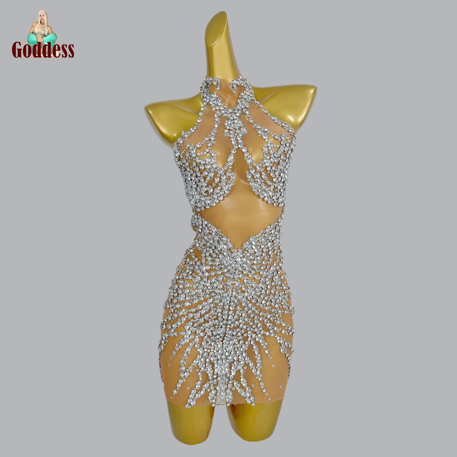 Women's Special Evening Bling Rhinestones Mini Dress Club Dancing Floor Hot Dance Dress Sheer Mesh Birthday Prom Photograph Wear