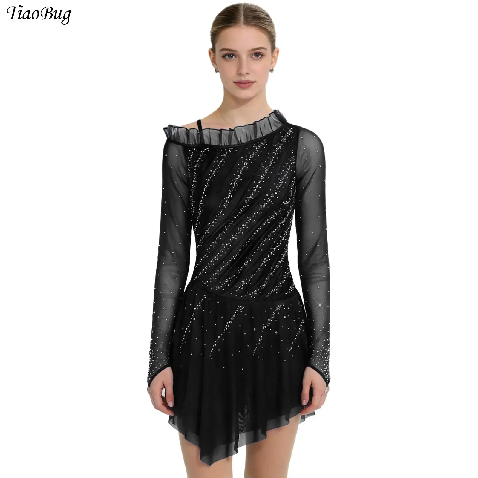 

Women Rhinestones Figure Skating Dress Sheer Mesh Long Sleeves Asymmetrical Lyrical Ballet Leotard Dress Performance Costumes