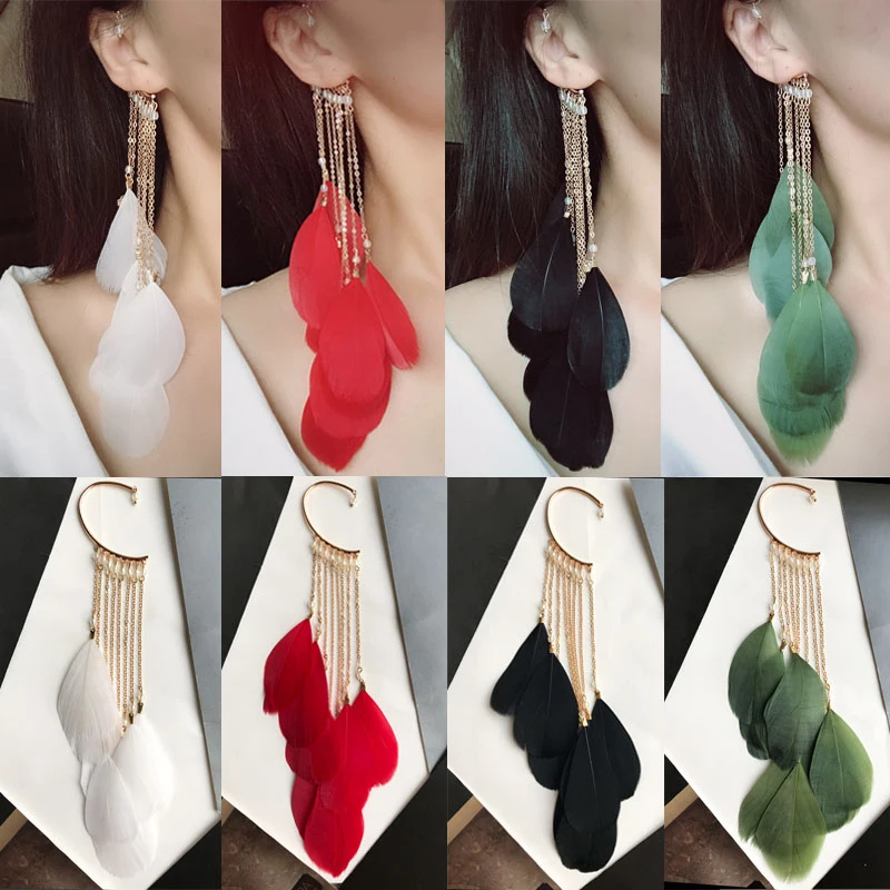 

1PC Unusual Bohemian Long Feather Cuff Clip On Earrings For Women Beads Chain Handmade Big Dangling Ear Cuffs Earrings Jewerly