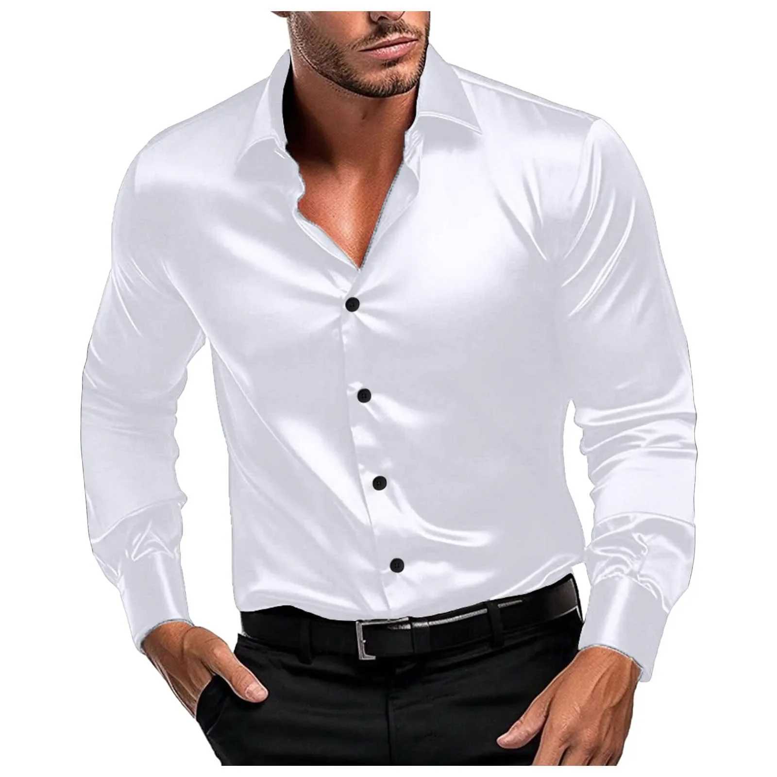 Camisas ajustadas de manga larga para hombre, camisas de vestir a la moda, elásticas, con arrugas, formales, con botones, para boda y graduación, 2024