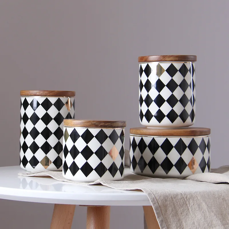 Household ceramic sealed jars, creative grain storage jars, kitchen storage boxes, coffee jars, wooden cover tea bottles and jar