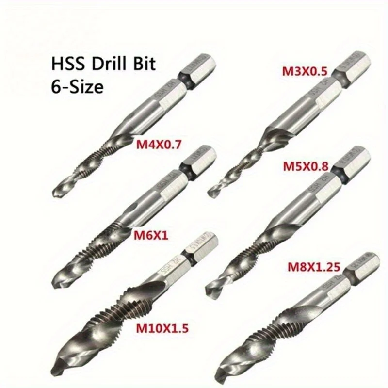 6pcs  Drill Tap Combination Bit Set - Metric Thread M3 M4 M5 M6 M8 M10 Taps Tool For Screw Tapping Countersink Drilling