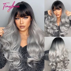 Long Wavy Silver Ash Ombre Cosplay Synthetic Wigs Natural Curly Gray Black Hair Wig with Bangs for Women Afro Heat Resistant