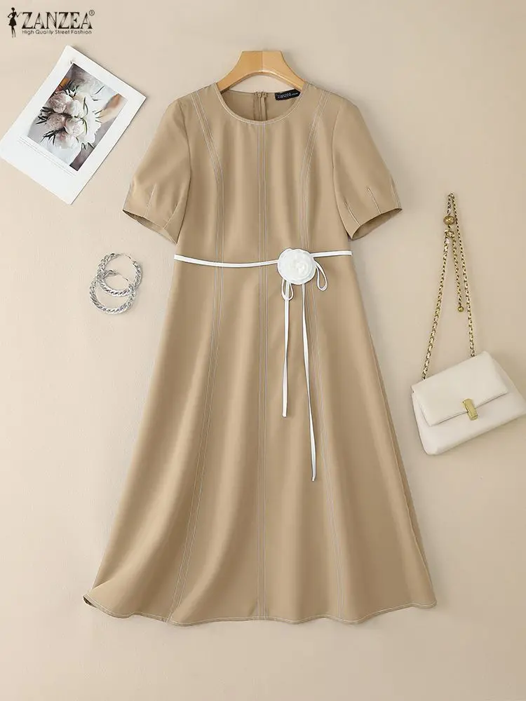 ZANZEA Elegant Women Fabric Flower Midi Dresses Casual O-Neck Short Puff Sleeve Fitted Waist Contrast-Stitch Classy A-Line Dress