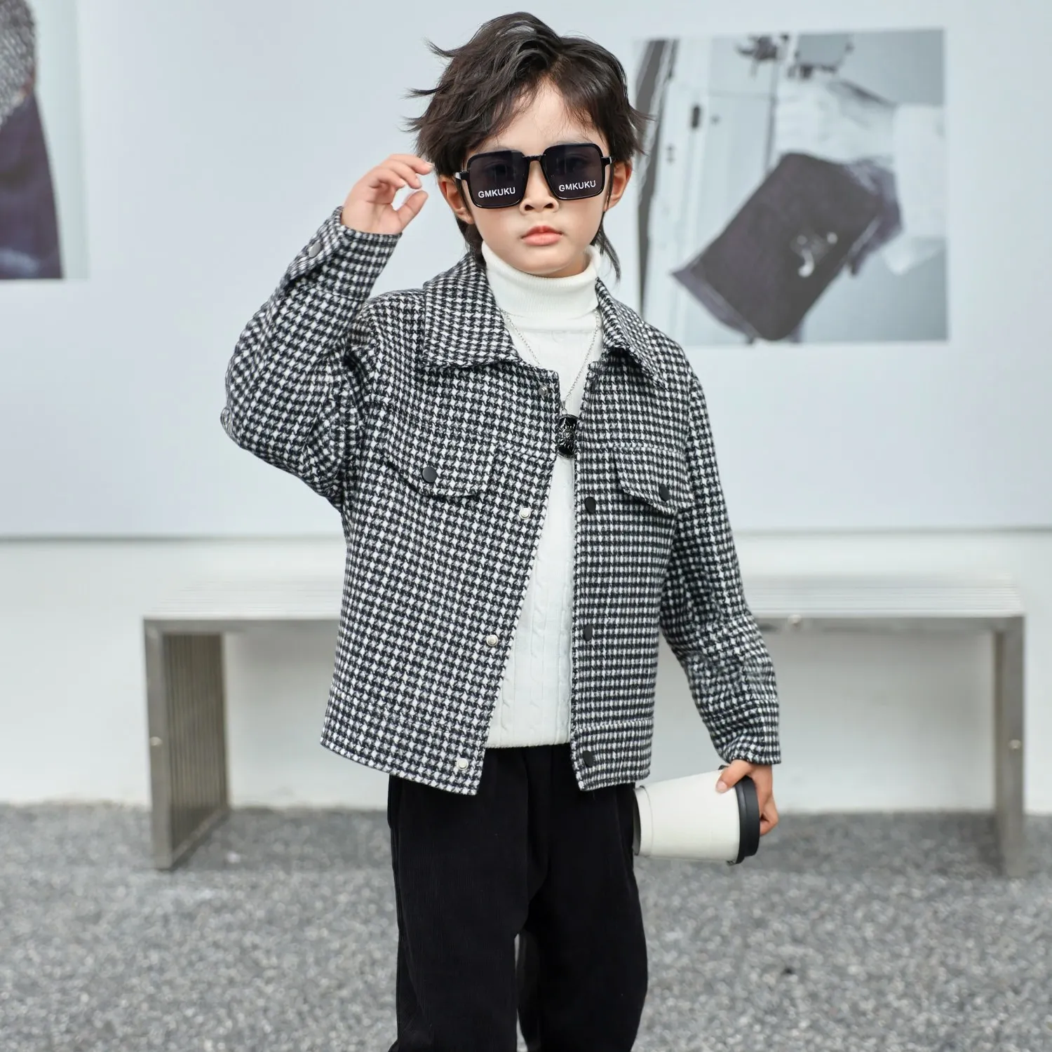 2025 Autumn Winter Boys' Houndstooth Wool Coat Loose Fit Korean Style Kids' Jacket Trendy Winter Outerwear