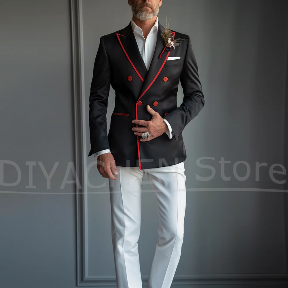

Men's Suit Black Double Breasted Blazer with Red Trim White Pants Set Daily Casual Fashion Party Wedding Tuxedo 2 Piece