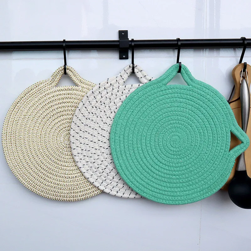 1Pc 18cm/30cm Cat Ears Shape Round Cotton Woven Coaster Hanging Placemat Dining Table Plate Mat Kitchen Accessories