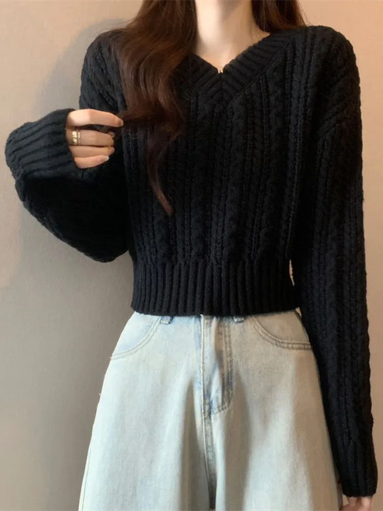 Zoki V Neck Casual Sweet Sweaters Women Fashion Long Sleeve Korean Knitted Short Pullovers Tops Autumn Lady Simple White Jumpers