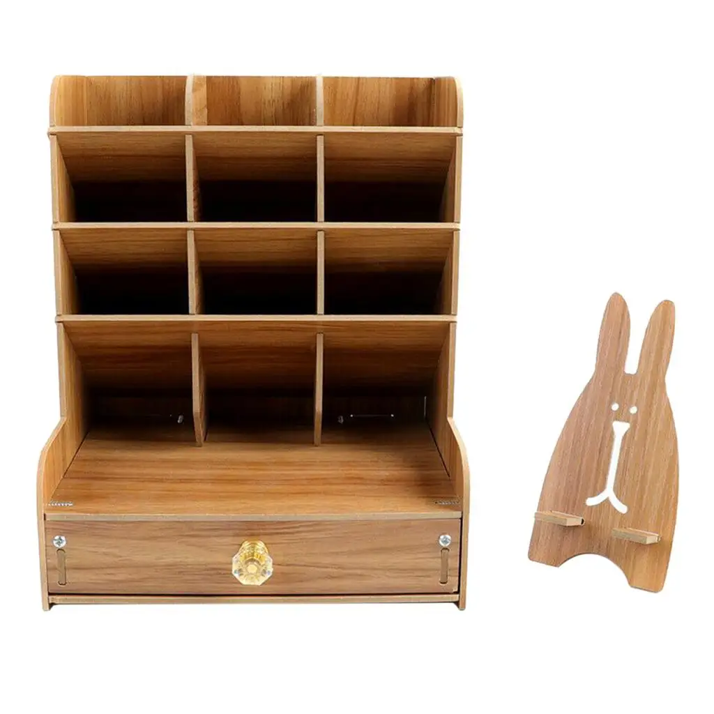 Desk Organizer Wooden Pen Holder Box Storage Rack with Phone Holder Drawer Rack