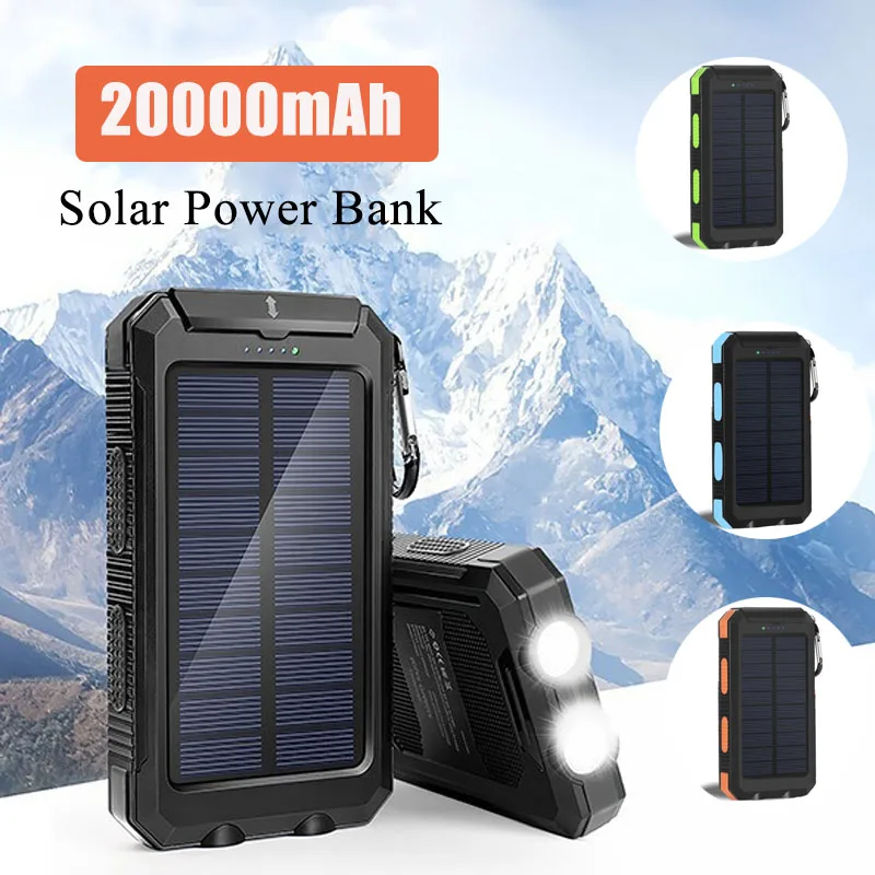 

Solar Power Bank 20000mAh Waterproof Portable Charger Outdoor Powerbank Fast Charging External Battery for iPhone Samsung Xiaomi