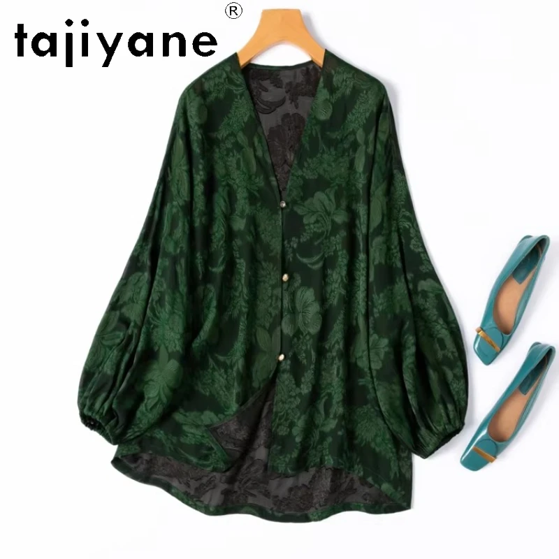 

TAJIYANE 100% натуральная шелковая блузка из тутового шелкопряда, зеленая, с V-образным вырезом, свободная, с длинным рукавом, весенняя, для женщин, 2026