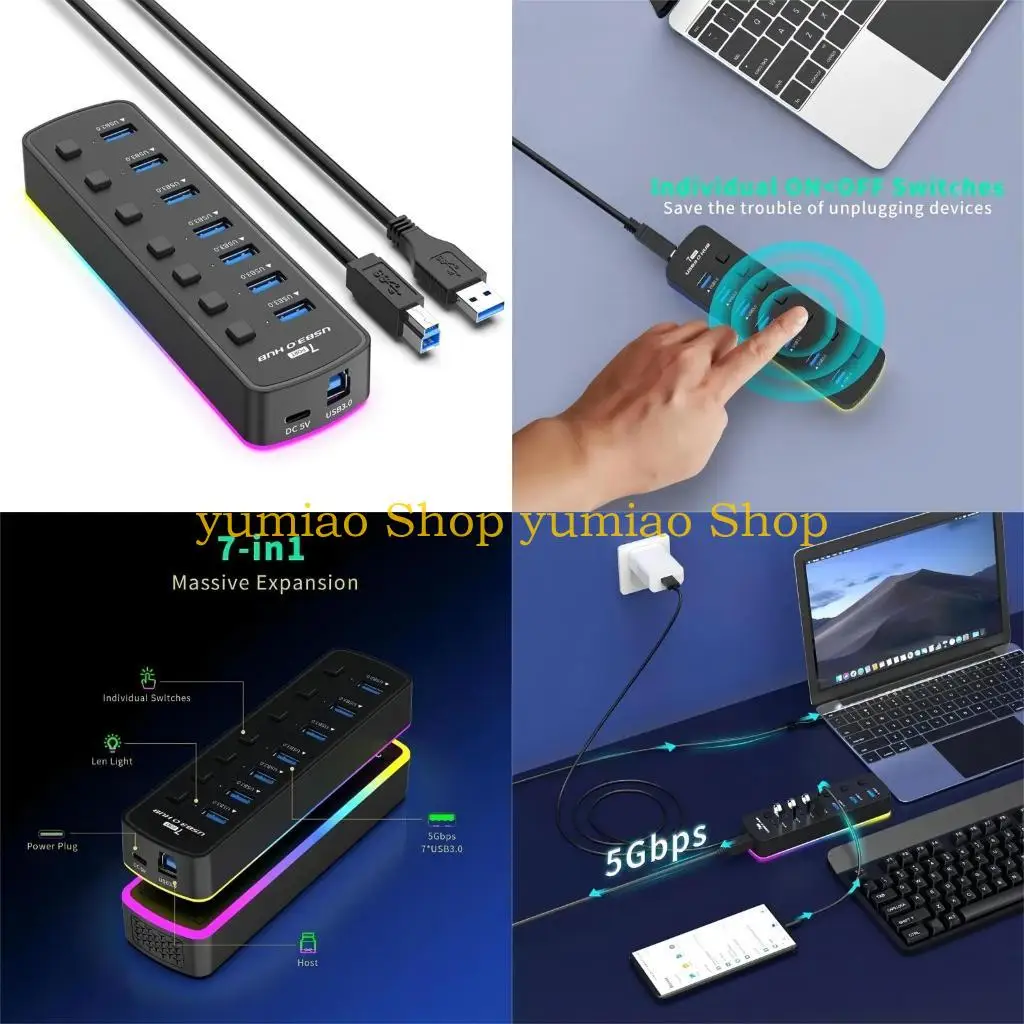 

587B Новая USB Dock Station Game RGB USB3.0 Hub 7 Port USB Splitters Extenders Extenders