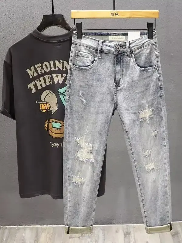 

New 2026 Men's Slim Fit Blue Jeans Hole Punching Elastic Casual Trousers Spring Summer Korean Style Print Small Foot Pants