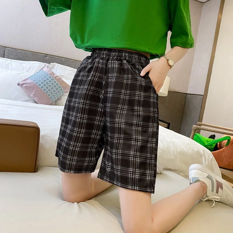 Korean Summer Wide-legged Plaid Shorts Women Students Loose Thin High-waisted Versatile Leisure Sports Five-minute Pants Female