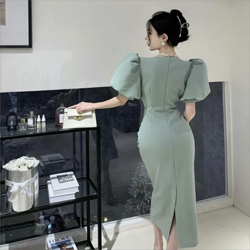 ผู้หญิงที่สง่างามสแควร์คอปกชุดแฟชั่นฤดูร้อนสีเขียวพัฟแขนสุภาพสตรีสํานักงานB Odyconแยกชุดยาว