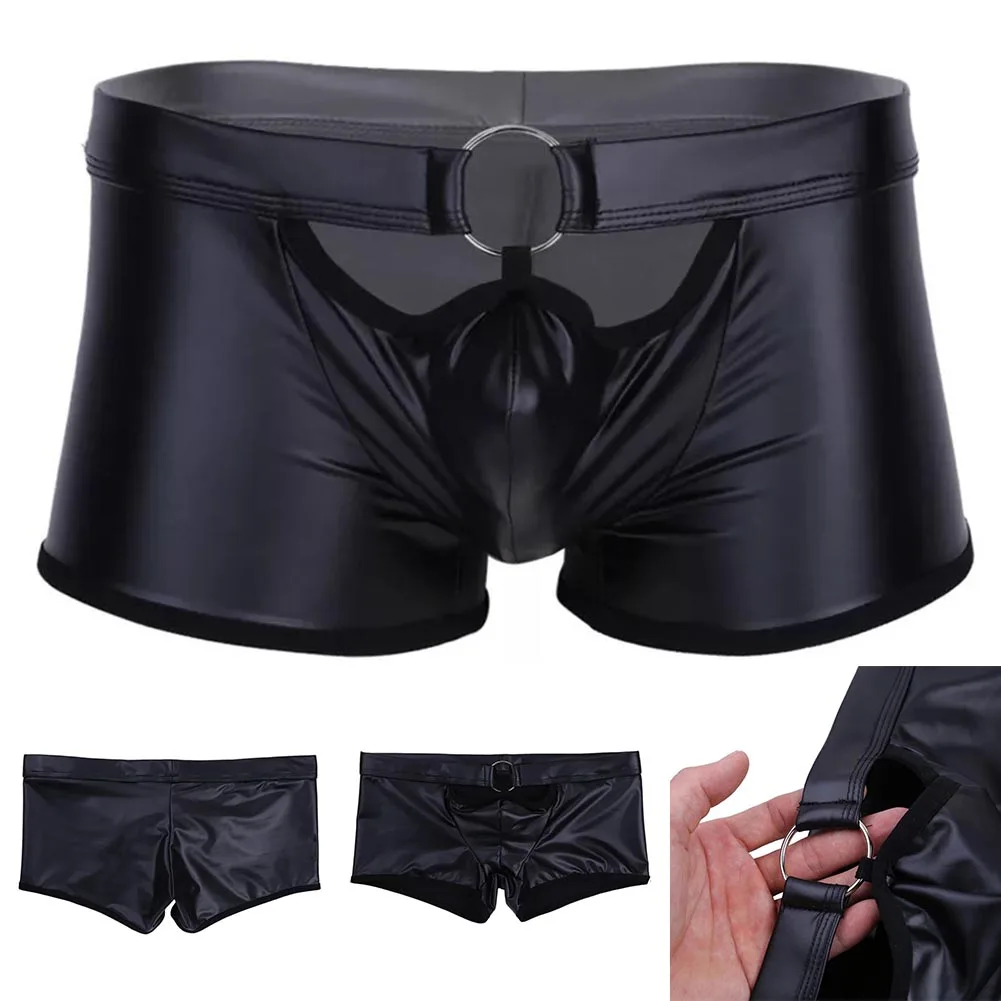 Open Front Hole Boxer Briefs O-ring Underwear Mens Sexy Temptation Matte Faux Leather Wet Look Boxershorts Man