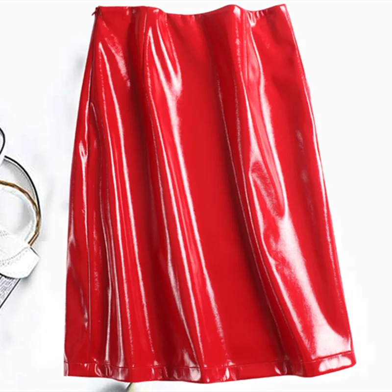 new patent leather bright long skirt high waist PU one-step skirt a-line Leather skirt women's