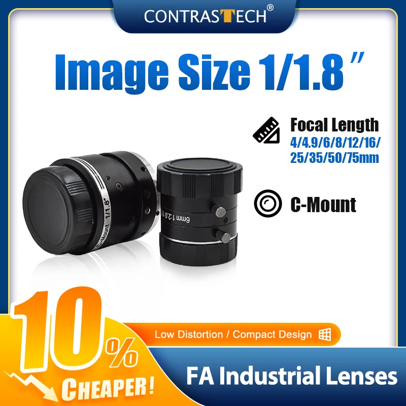 

High Resolution 1/1.8" 5MP Fixed Focus 8mm 12mm 16mm C Mount Lens for Machine Vision Camera Contrastech