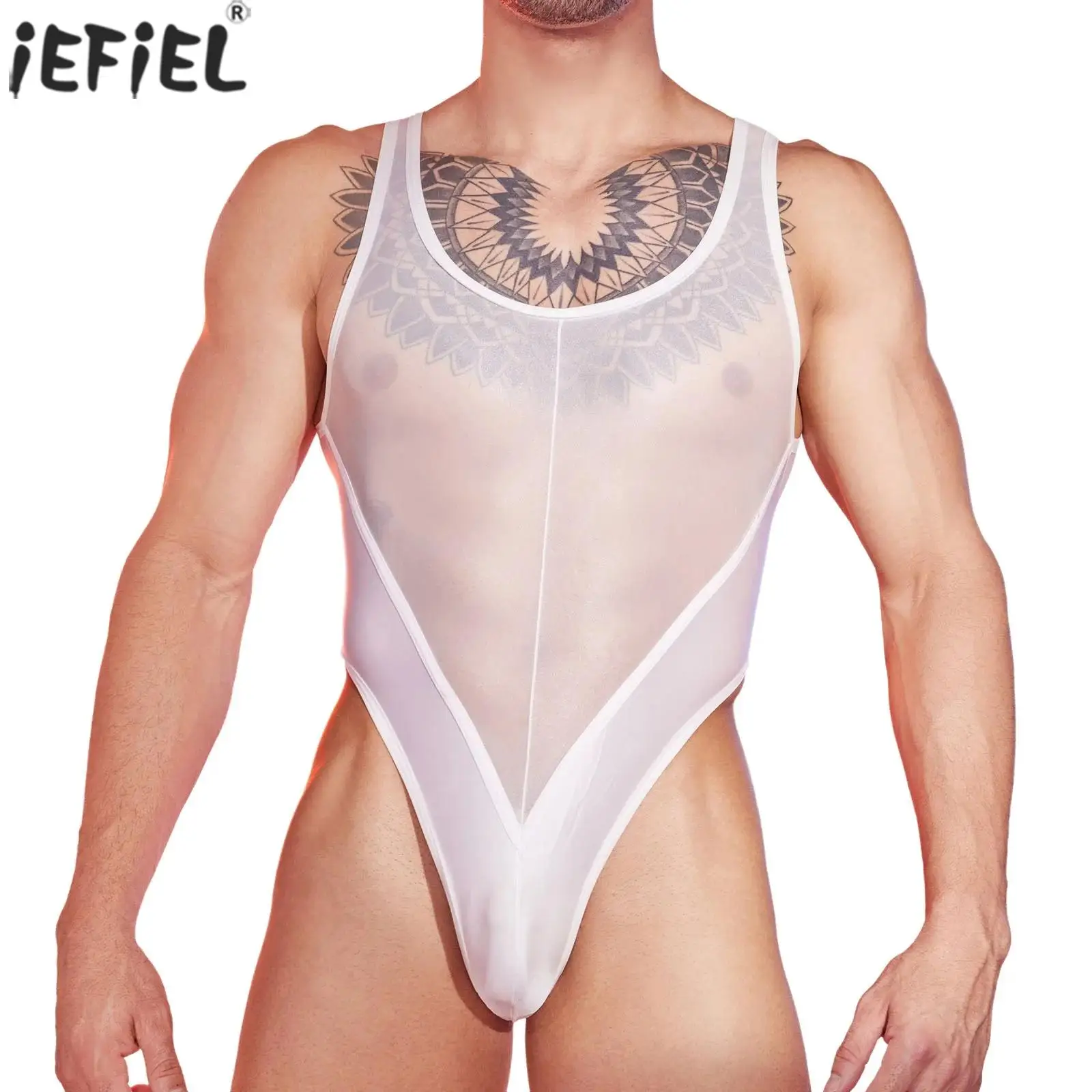 

Adult Men Lingerie Sexy Sheer Stretchy Bodysuit Sleeveless Bulge Pouch Buttoned Crotch High-cutting Jumpsuit Sleepwear Bodysuits