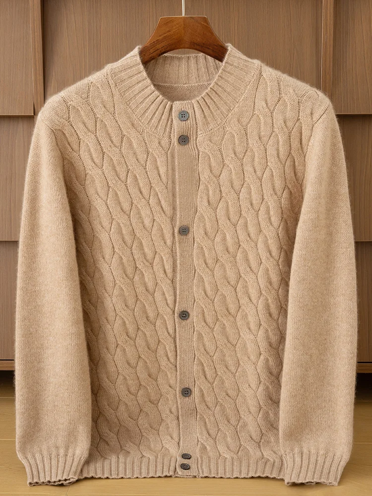 100% Cashmere Men's Round Neck Button Cardigan Autumn Winter Thick Casual Fashion Top Knitted Sweater