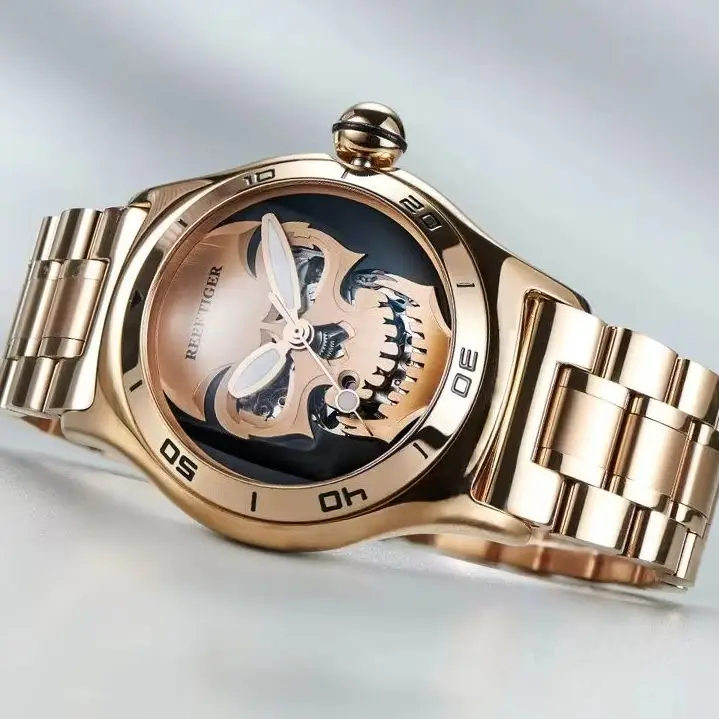 Reef Tiger Men Automatic Watch 44mm Mechanical Wristwatch Sapphire Mirror Skeleton Luminous Skull Dial Waterproof Miyota Mov