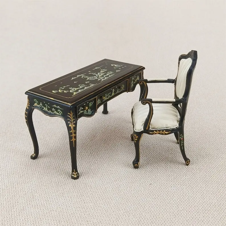 

Bespaq dollhouse furniture Miniatures 1/12 scale Black painted Wooden desk and chair set