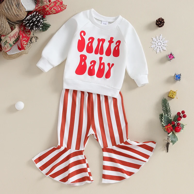 Toddler Girl 2-Piece Christmas Outfit Set with Long Sleeve Sweatshirt and Striped Flare Pants - Festive Baby Clothes for the