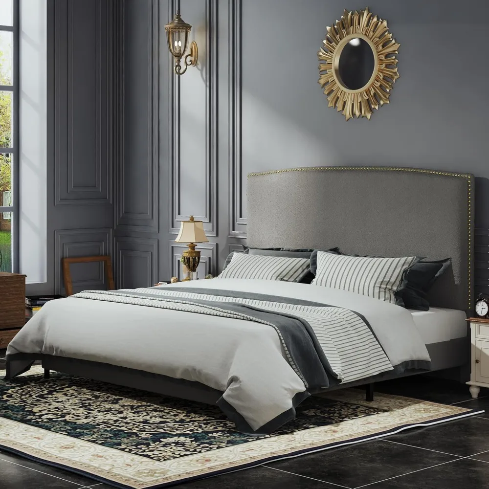 

King Size Bed Frame and Headboard, 56" Upholstered Platform Bed with Nailhead Trim, Soft Boucle Fabric, No Box Spring Needed