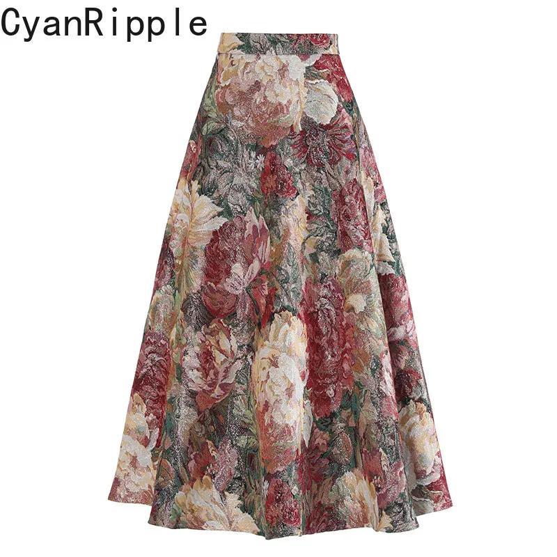 

Высококачественная новая осенне-зимняя юбка с вышивкой и жаккардовым узором, ультрадлинная, элегантная, модная, женская, с высокой талией, А-силуэт, пышная юбка