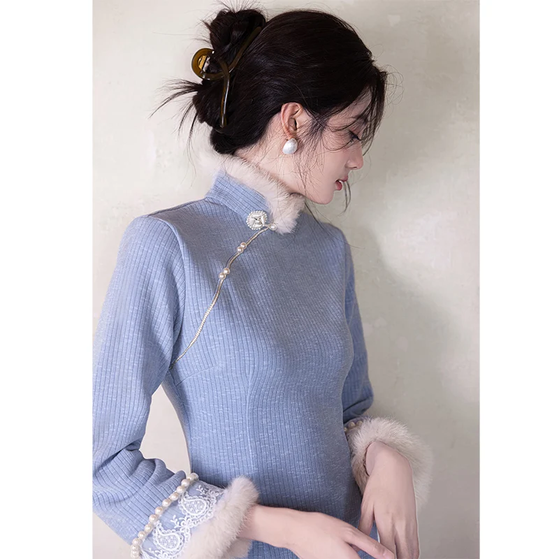 

Синяя китайская зимняя женская модная одежда с высоким воротником, простой дизайн, для повседневного использования, теплая, для празднования Нового года