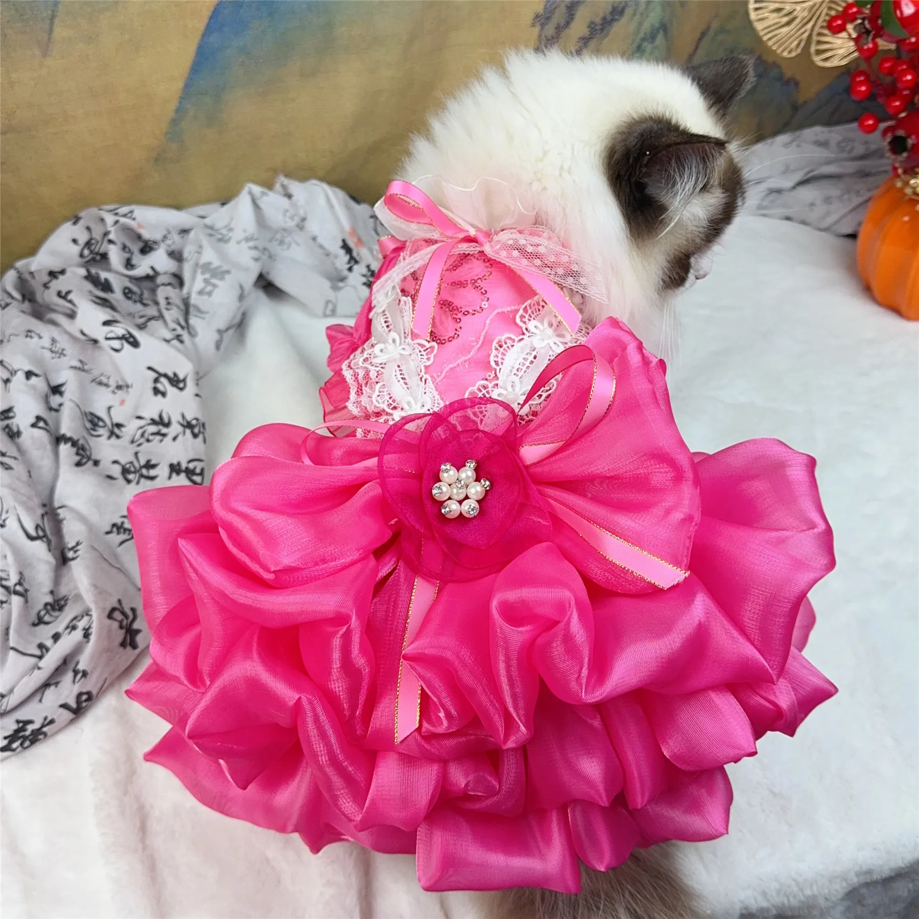 

Luxury Handmade Lace Dog Dress Magenta - Princess Party Gown with Crystal Bows for Small Poodle Puppy, Wedding & Birthday
