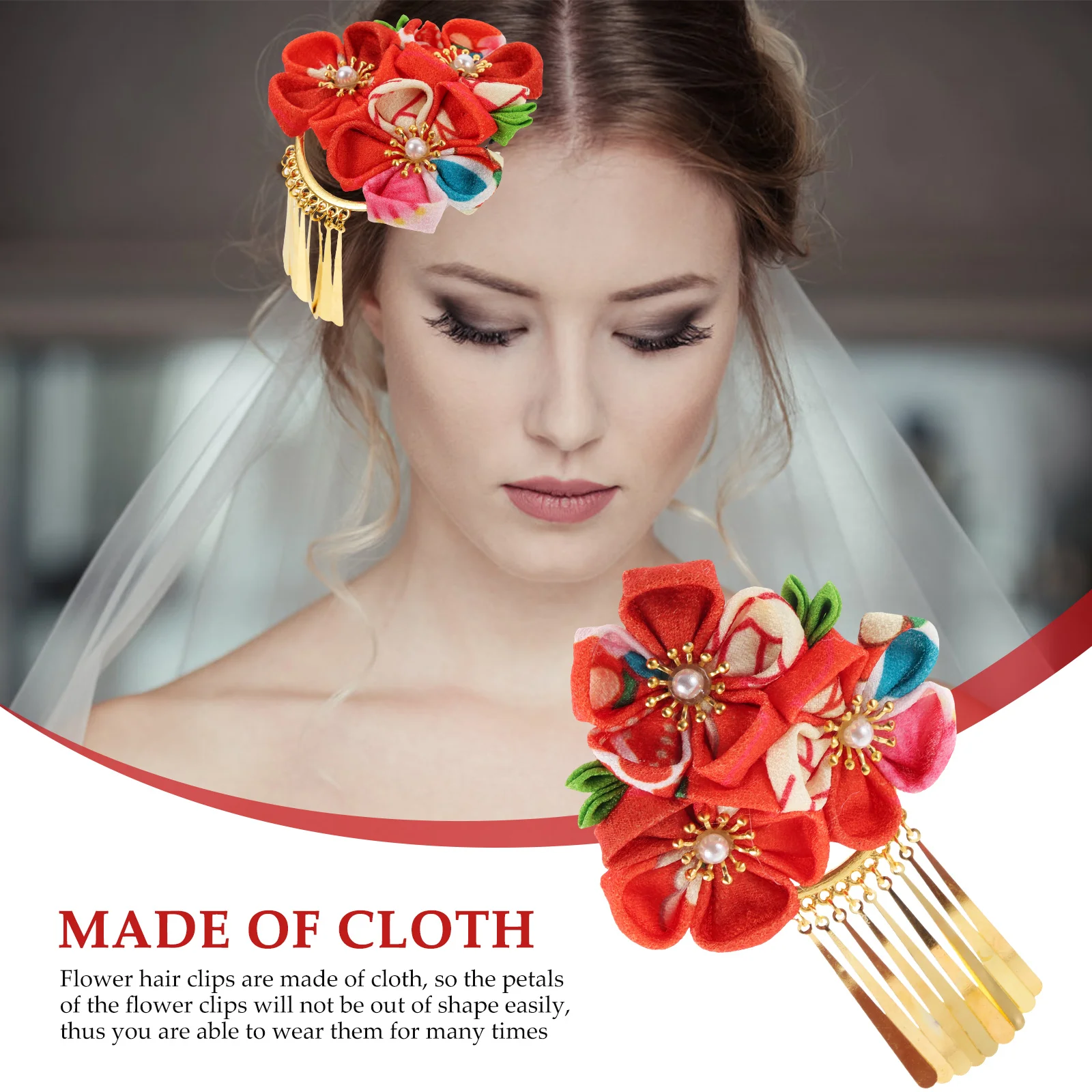 

Japanese Style Flower Hair Clips for Girls Tassel Hanfu Kimono Accessories Photography Travel Party Wedding Red Bridesmaid