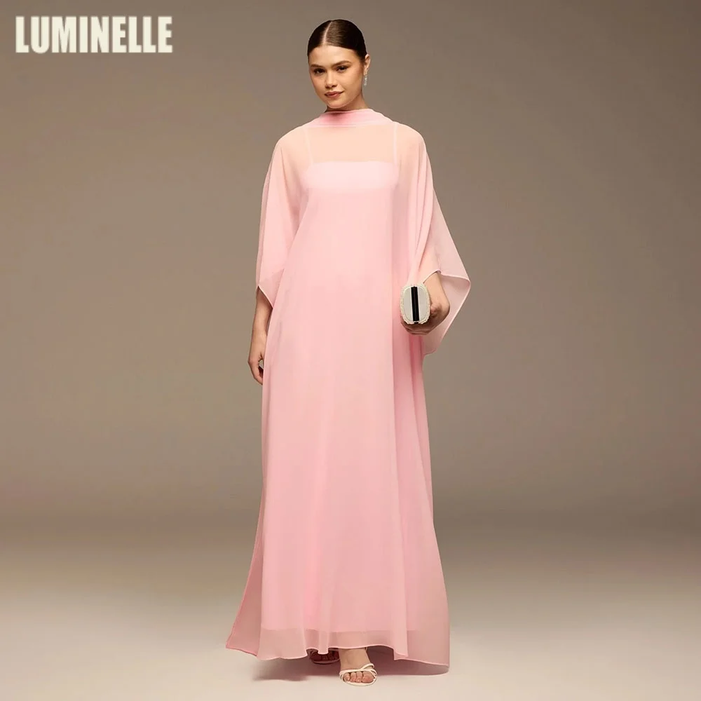 Pink Spaghetti Strap Dress with Sheer Chiffon Cape Formal Evening Dresses for Women Customized Sexy Robes De Soirée 2026