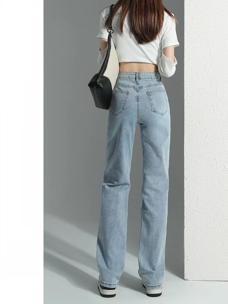 Jeans met hoge taille en rechte pijpen Dames Lente Herfst Afslanken Verlengde e-buisbroek Katoenen elastische casual broek