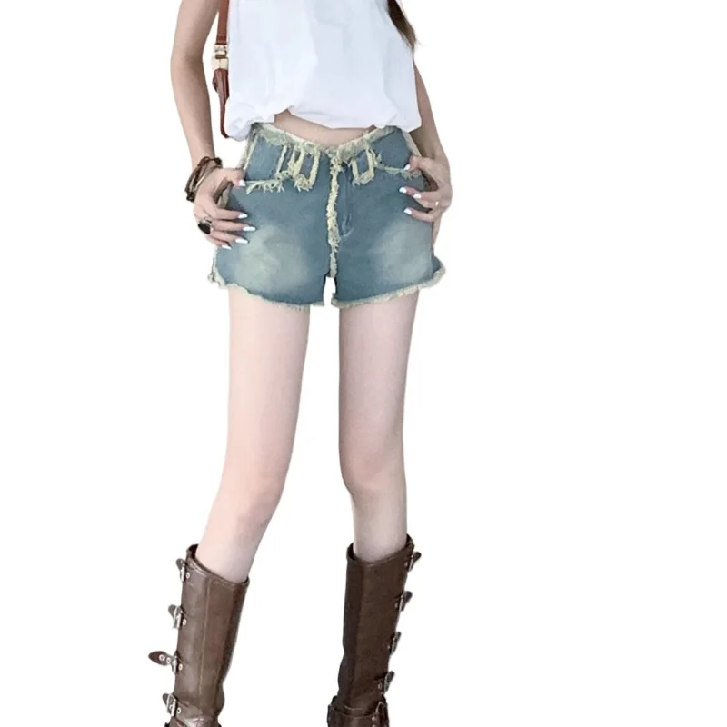 شورت Spice Girl عالي الخصر من قماش الدنيم بتصميم صيفي 2025 يشعر بالسراويل النسائية الساخنة الخام #5