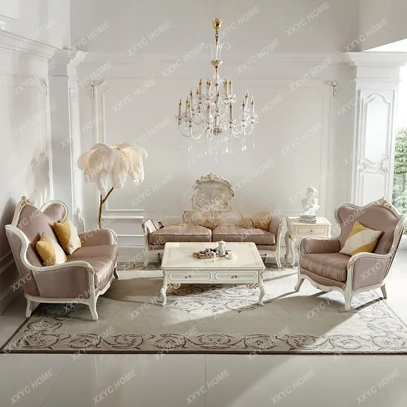 

A French pastoral simple mercerized jacquard three-person fabric sofa coffee table combination
