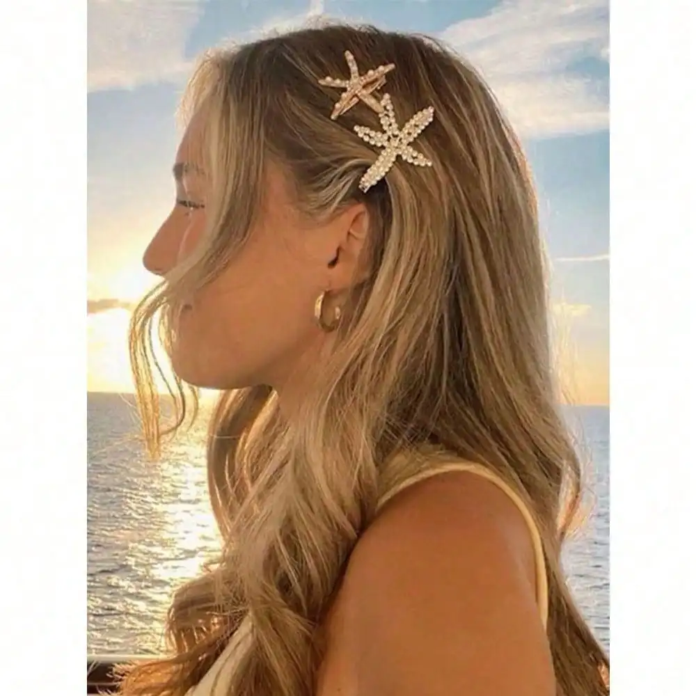 3pcs Vintage Faux Pearl Decor Starfish Shaped Hair Clip Stylish Hair Bun Maker Accessory, Suitable For Women And Girls For Daily Wear ,Flat Claw Clip, Claw Clips, Clips For Hair, Hair Slide, Hair Claws, School Stuff - Detail 1