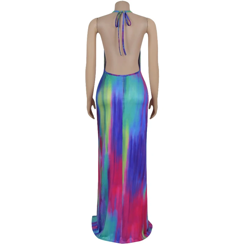Women's Summer Sleeveless Backless V-Neck Long Maxi Dress Street Ruched Women Gradient Print Party Night Evening Vestido Dresses