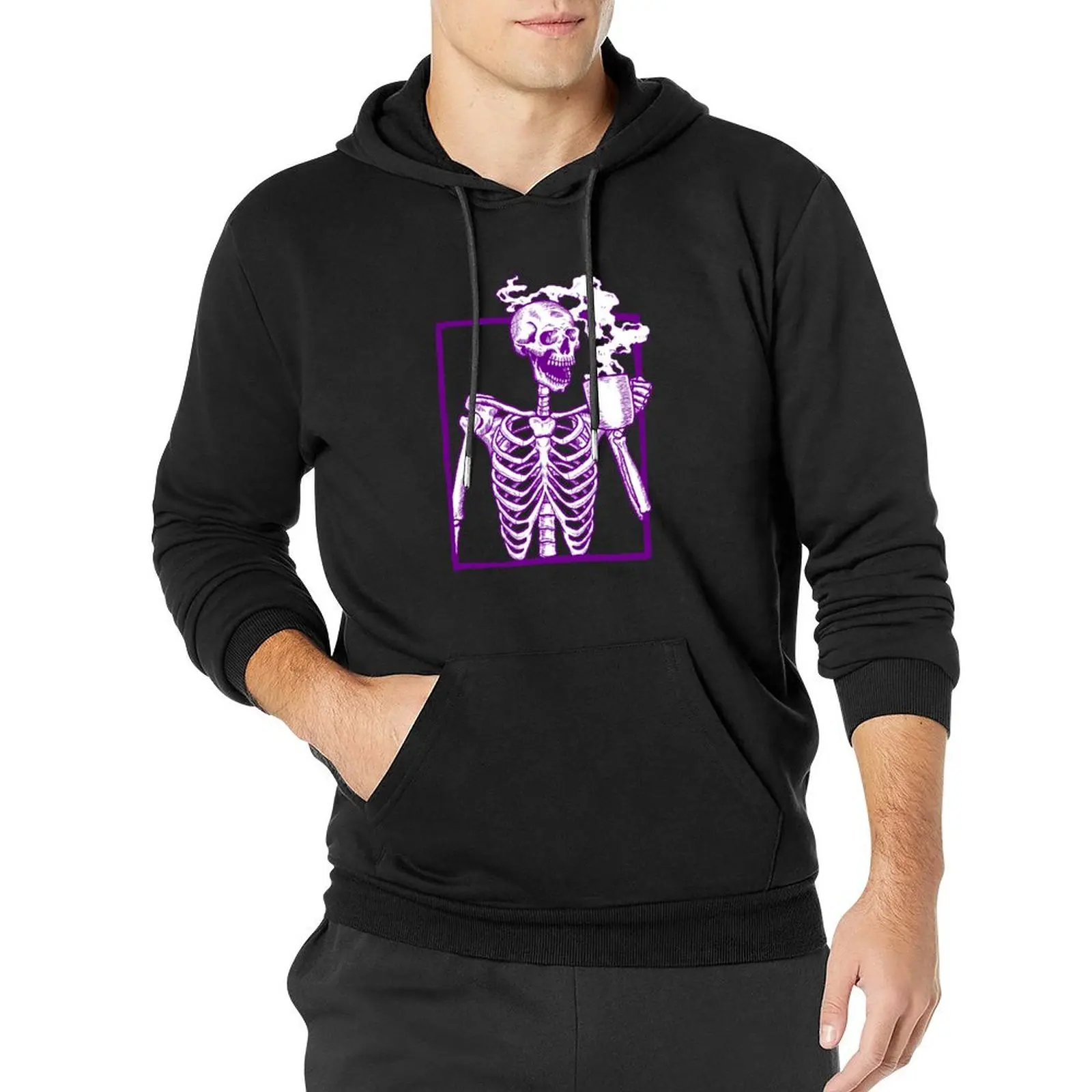 

halloween coffee drinking skeleton purple Pullover Hoodie men's sweat-shirt set korean autumn clothes man hoodie